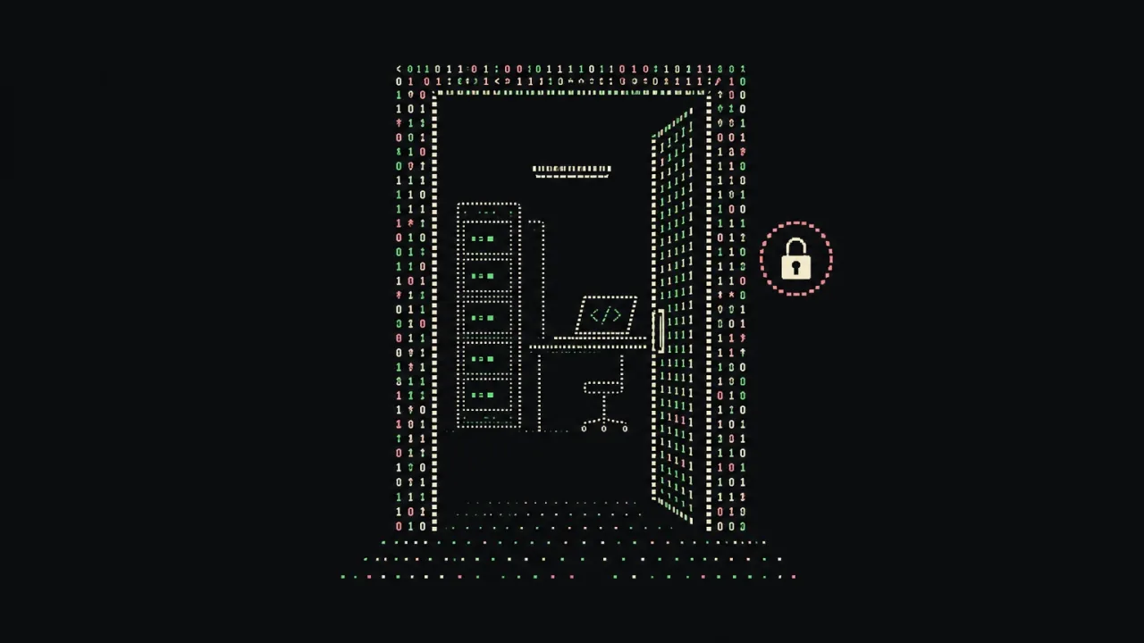 Illustrazione di una porta di caratteri che protegge server e portatile