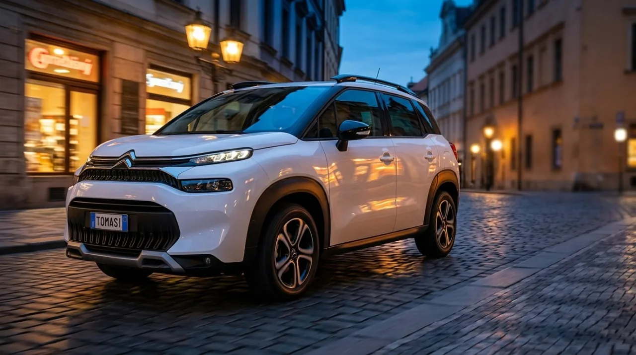 Una Citroën C3 Aircross bianca con targa Tomasi su un selciato bagnato al tramonto