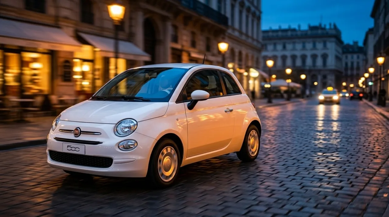 Una Fiat 500 bianca nella stessa strada, con la stessa luce